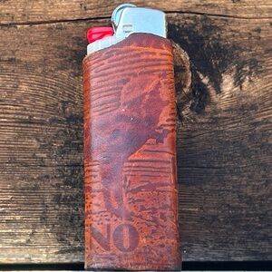 Vintage Handmade Leather Bic Lighter Cover – Wolf Howling at Moon – Reno